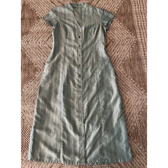 Green and Bronze Short sleeve midi Dress Button Front Casual Retro MCM - Picture 1 of 8